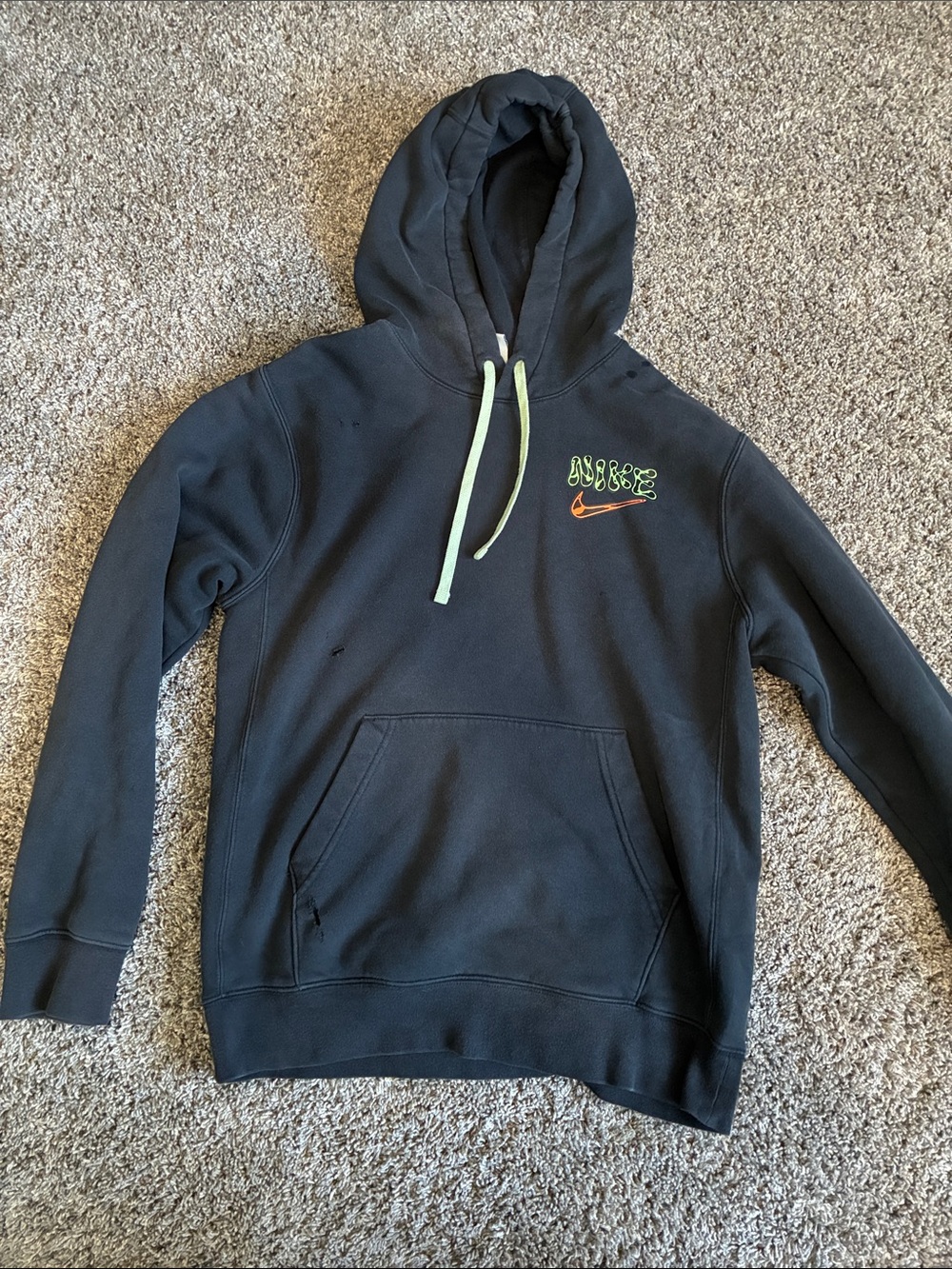 Nike Men’s Black Crewneck Hoodie with Neon Green Accents